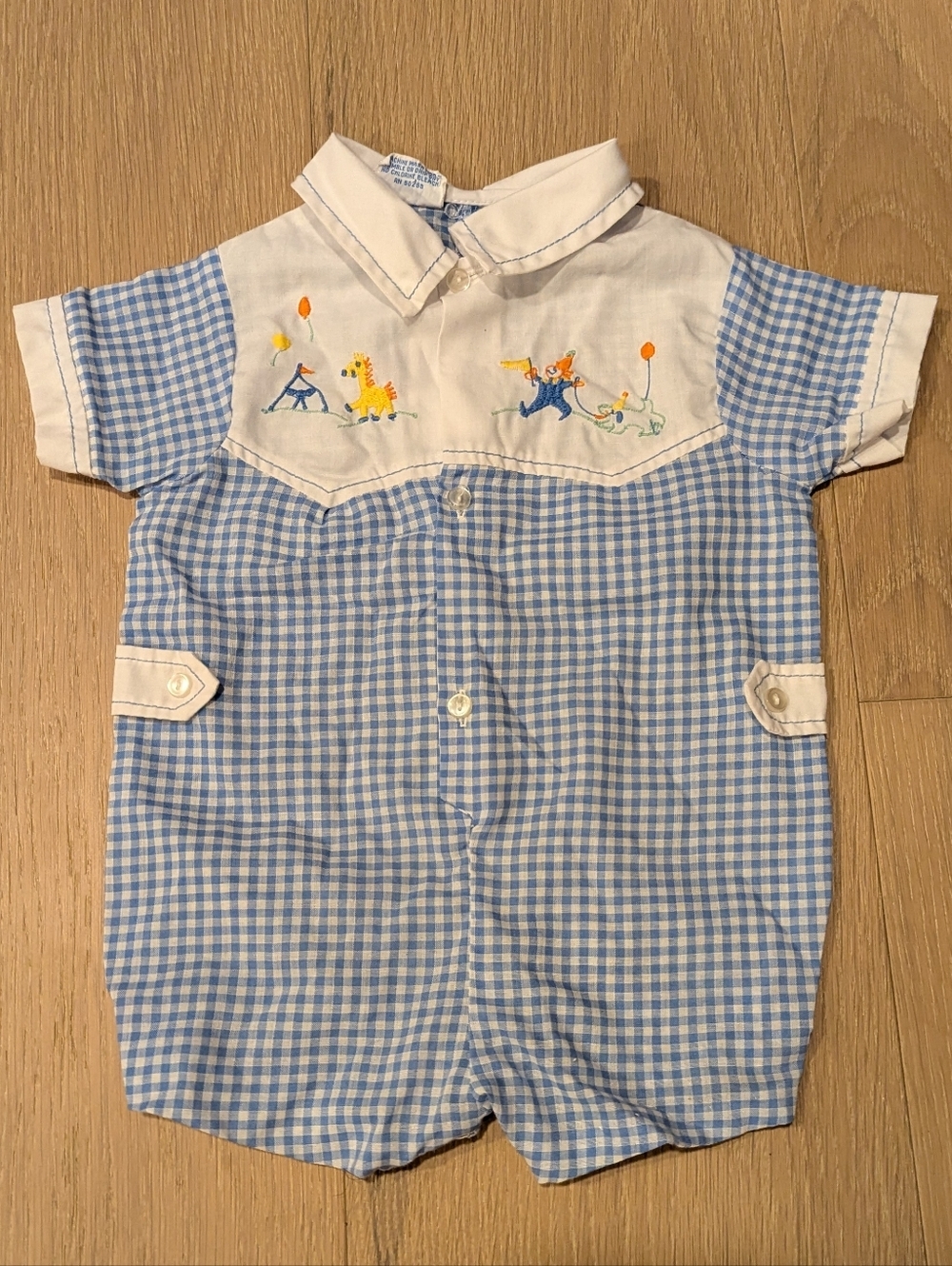 Vintage Blue Gingham Baby Romper with White Yoke and Circus Embroidery